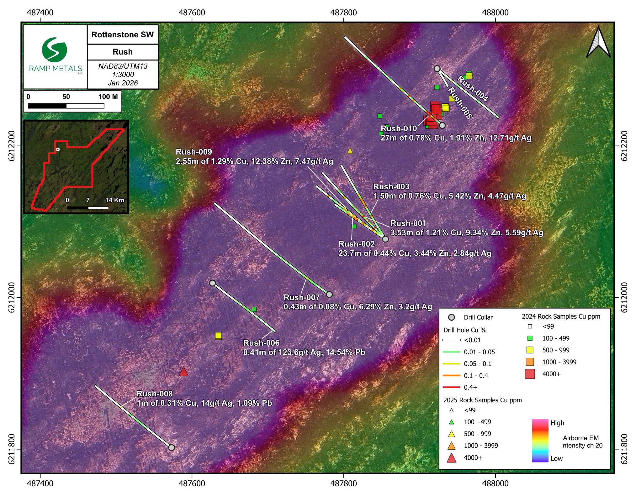 Rush 2025 drill hole traces with select key intercepts